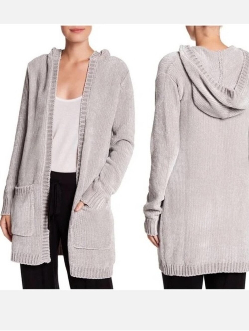 PJ Salavage Chenille Cardigan Gray Hooded Sweater Open Front Size S